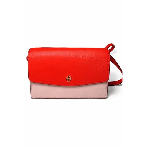 Tory Burch Red Pink Saffiano Leather Flap Crossbody Shoulder Bag - Picture 1 of 3